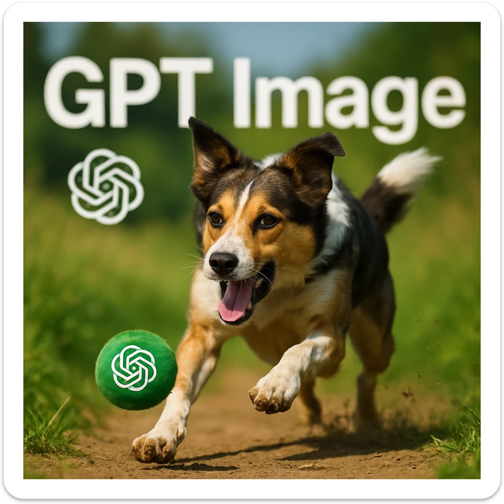 logo of chat gpt with text "GPT Image" on the background of a dog chasing ball, realistic image sticker