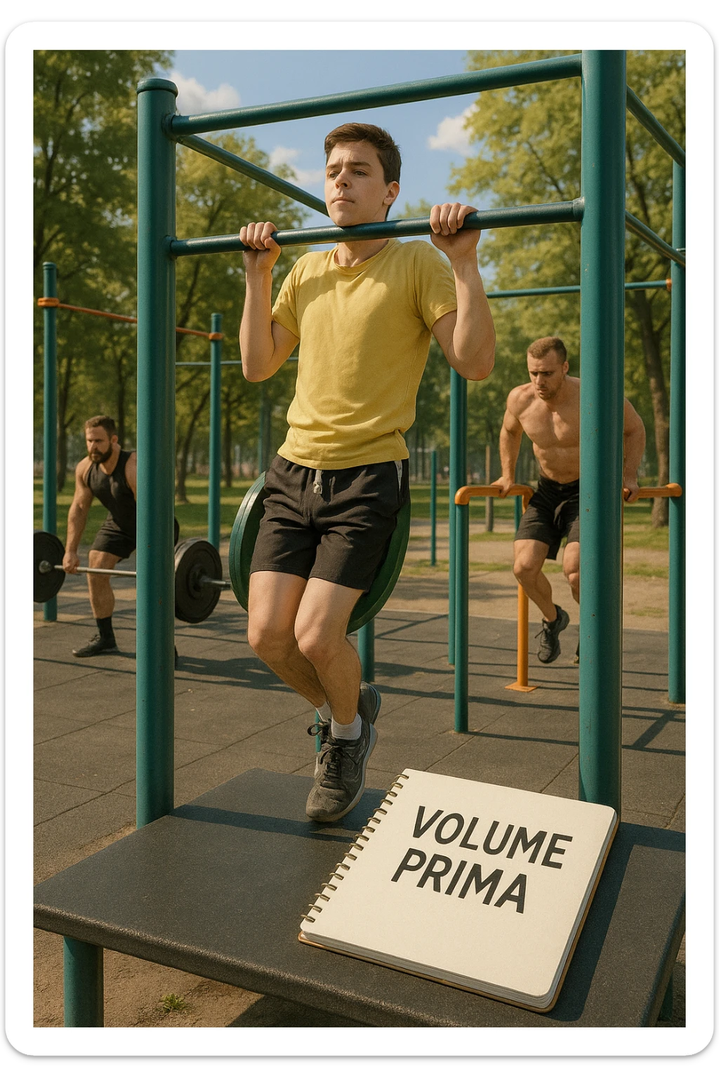 Atleta neofita giovane in un parco attrezzato per streetlifting, fisico ancora in fase iniziale. È intento a eseguire molte ripetizioni di esercizi a corpo libero con pesi leggeri (zavorra moderata), come trazioni e dip su parallele. Accanto a lui un taccuino di allenamento con la scritta 'Volume Prima'. L’atmosfera è luminosa e motivante, con altri atleti più muscolosi che sollevano carichi pesanti, ma lui è concentrato sul gesto tecnico e sulla costanza. Stile realistico, colori naturali, messaggio educativo su priorità all’adattamento progressivo e al volume. sticker