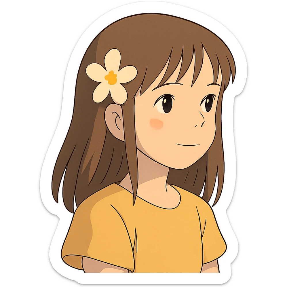 ghibli style girl with straight hair, flower in hair, summer theme sticker