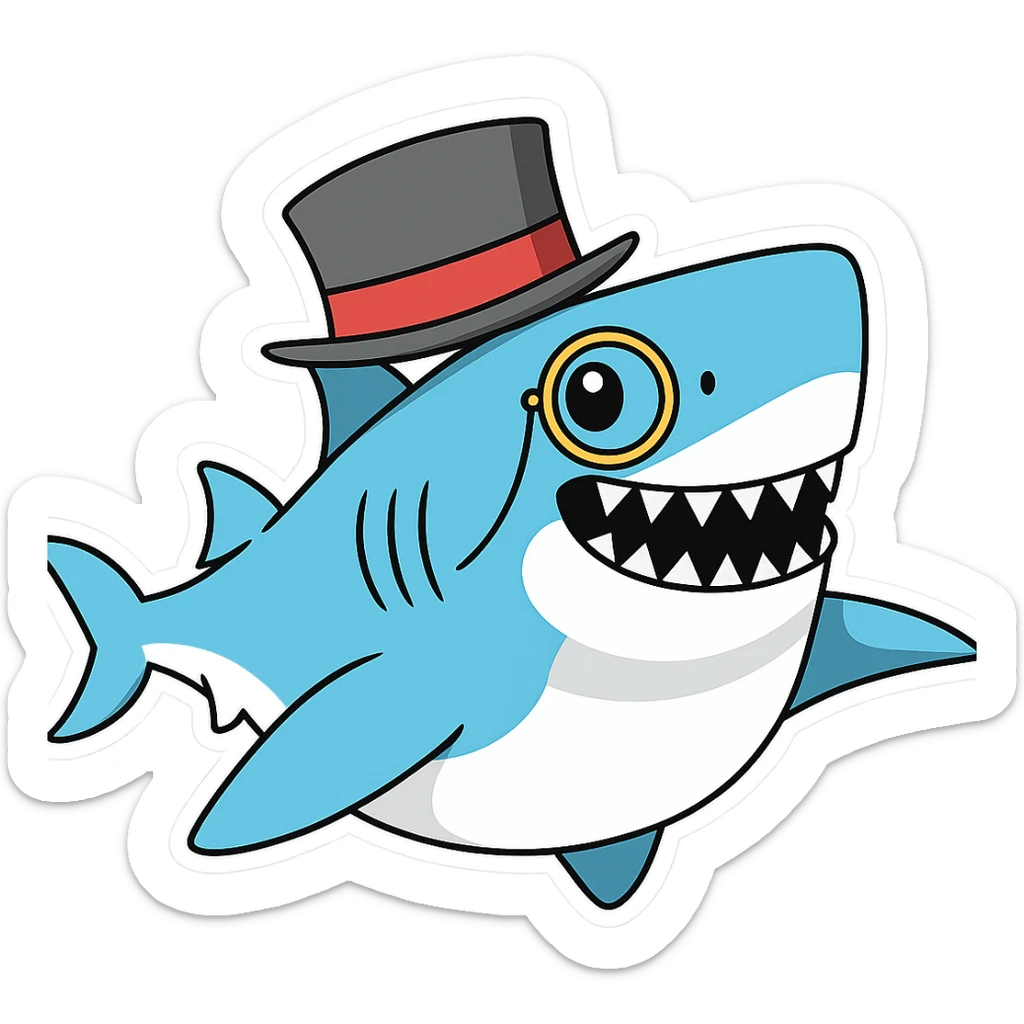 Add a monocle to the shark with a top hat in the style of sticker, no background. sticker