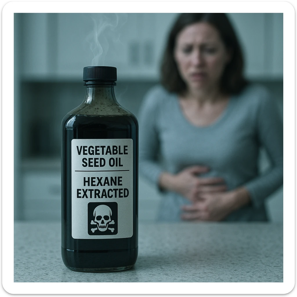 photorealistic bottle of dark vegetable seed oil (sunflower or soybean) on a kitchen counter, oil is dark and unnatural, chemical label reading 'Hexane extracted', faint toxic vapor rising from the bottle, background with a blurred worried person holding their stomach, cold clinical lighting, surreal tension atmosphere sticker