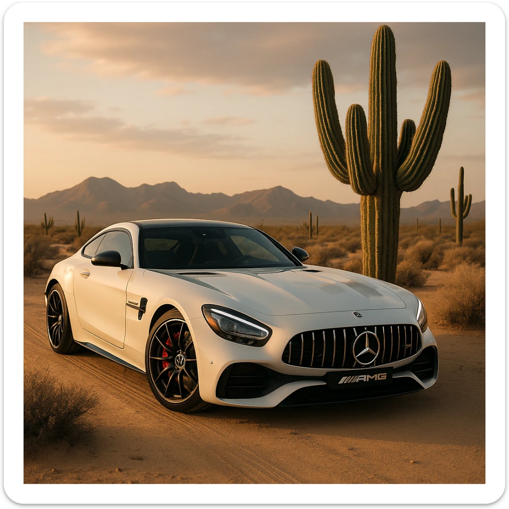 mercedes amg on desert next to cactus faun, cinematic sticker