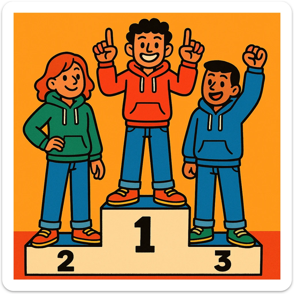 Three people in jeans and hoodies on a winners’ podium (2, 1, 3 left to right). Center person on 1 step holds up one finger on each hand. Bright, cheerful, expressive illustration. sticker