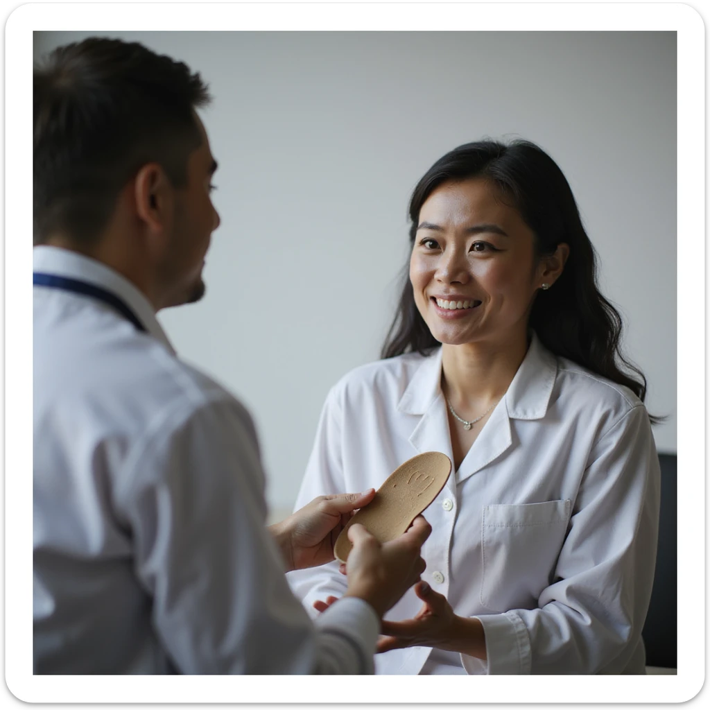 realistic 4K woman consulting orthopedist, first showing orthotic insole with hopeful expression, then explaining temporary benefit with uncertain expression sticker