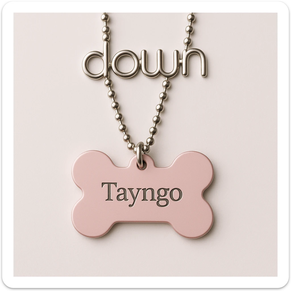 light pink dogtag with the word 'Tayngo' engraved on the tag, and the chain of the dogtag spells out the word 'down' in a modern style sticker