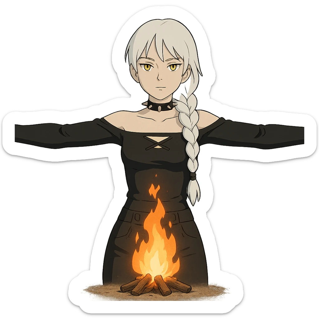  young woman with gold yellow eyes, white hair, long braid, black off-shoulder top, punk gothic style, futuristic cyberwave cyberpunk,, she is calmly t-posing , there is a small bonfire in front of her sticker