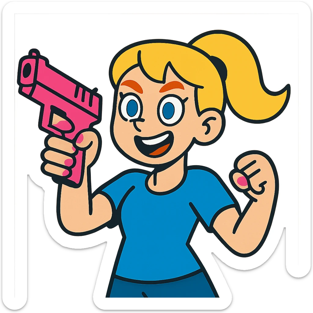 white girl, blue eyes, pink nails, holding a pink gun, cartoonish and energetic sticker