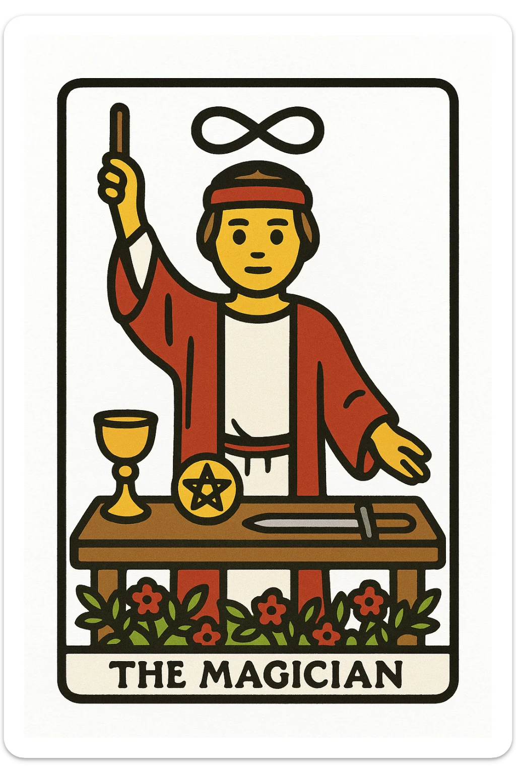 Rider Waite Smith style emoji of The Magician tarot card, mystical figure in red and white robes, classic tarot iconography, compact emoji format, white background sticker