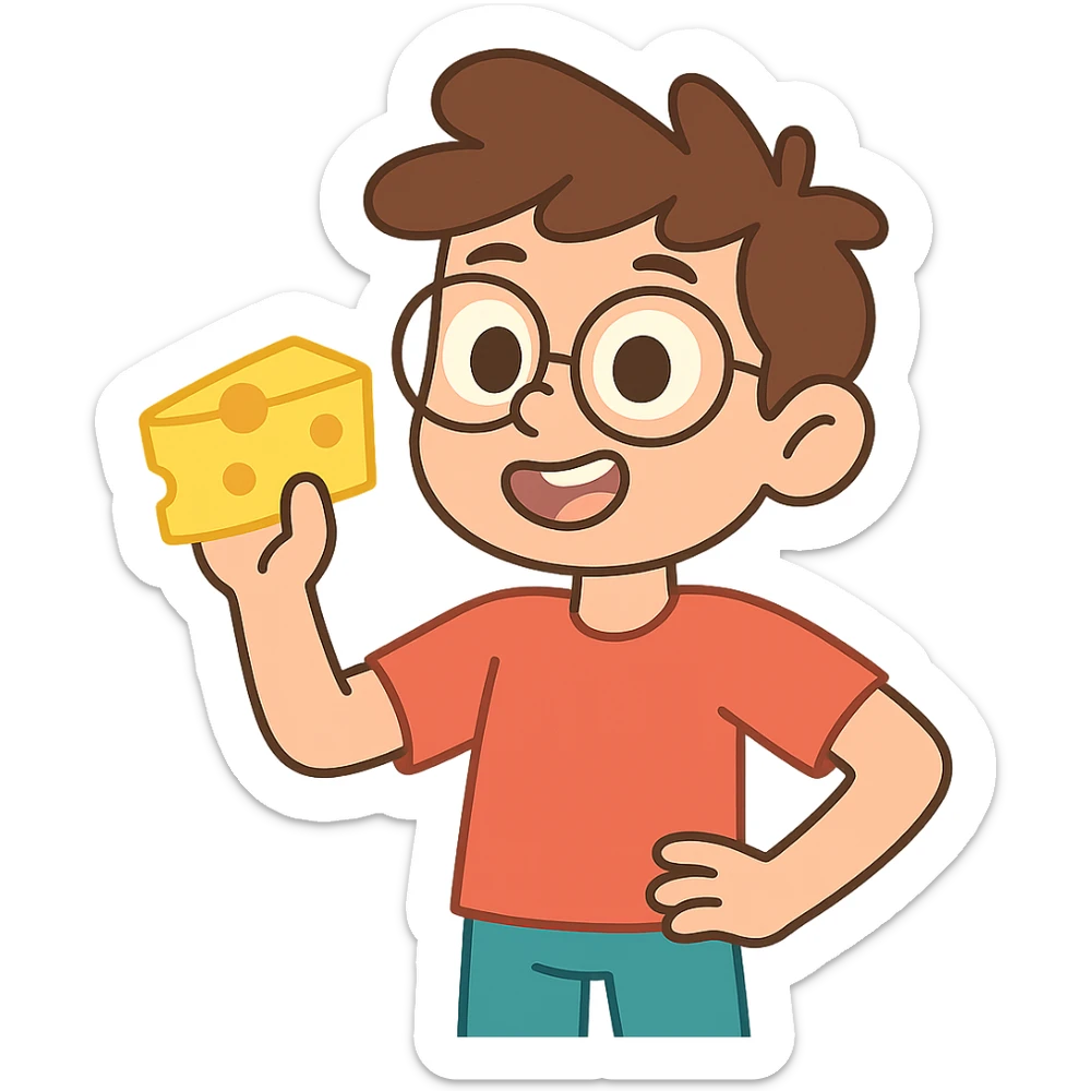 cartoon boy with brown hair, brown eyes, glasses, holding a piece of cheese, pastel toon style sticker