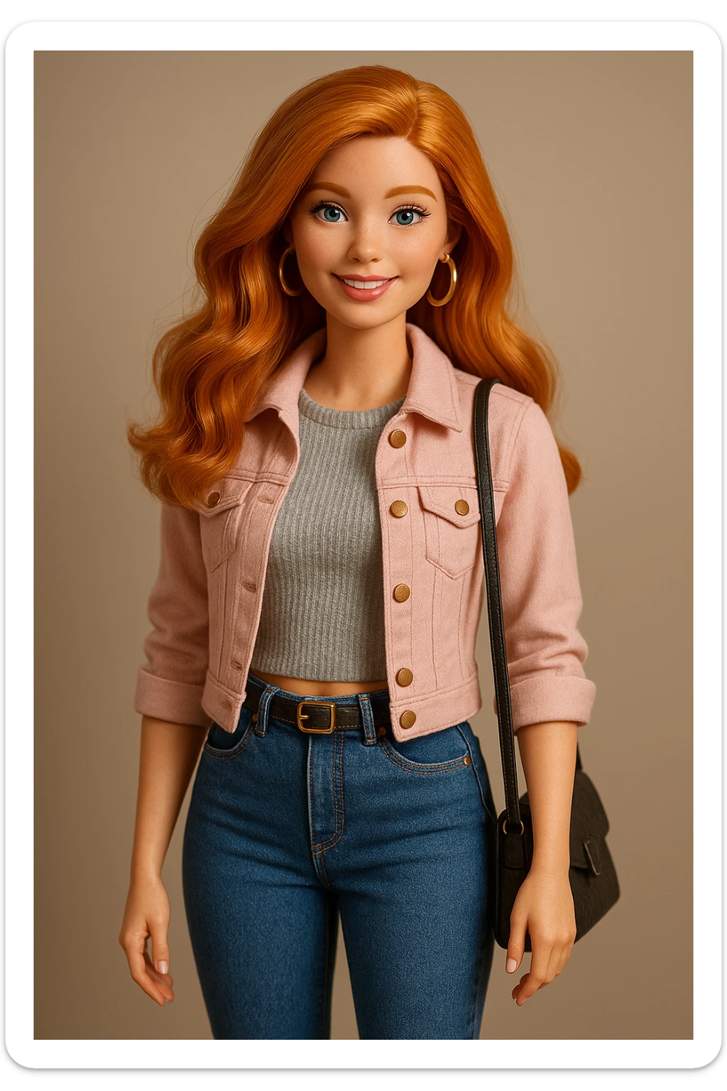 full body ginger-haired Barbie doll, stylish and cheerful, modern fashion, soft lighting sticker