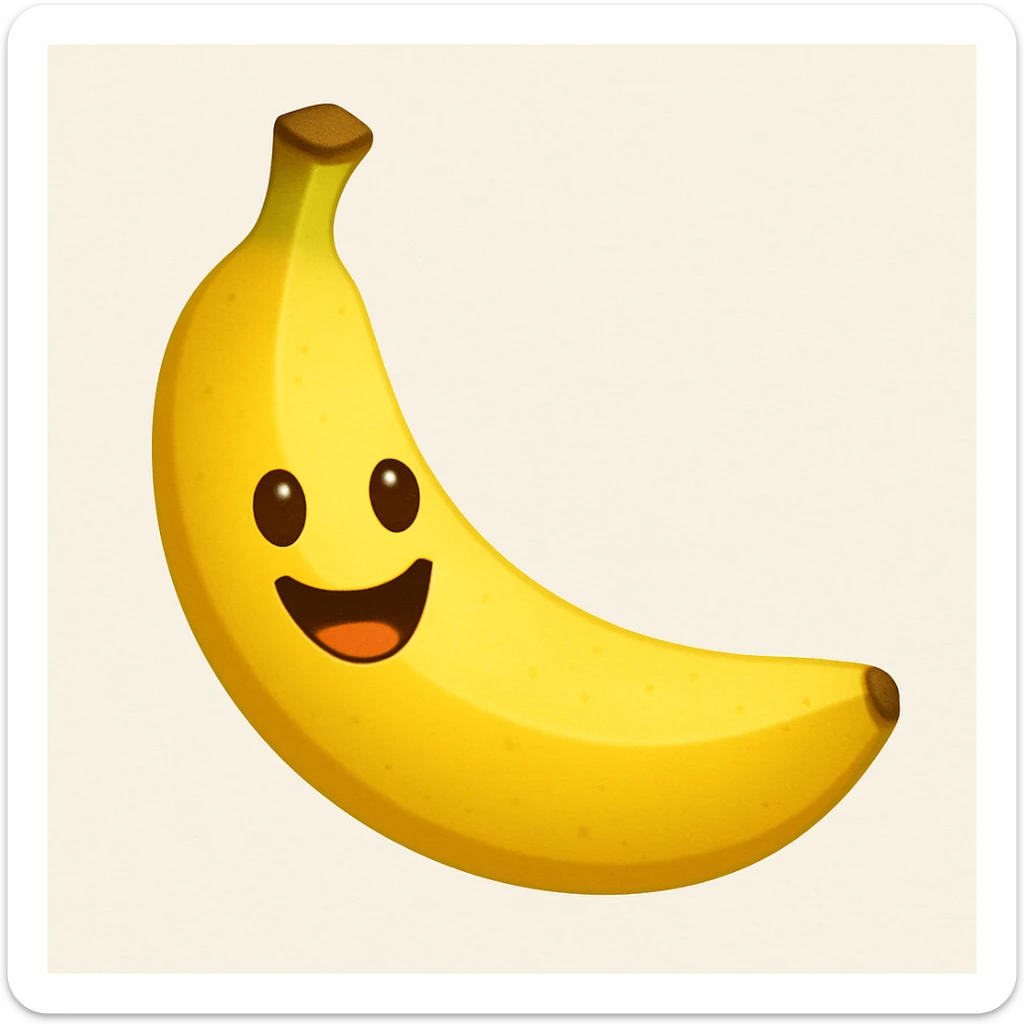 Adjust the proportions of the banana to look more natural and balanced while keeping the happy cartoon face. The style should remain consistent with the emoji style as in the reference image. sticker