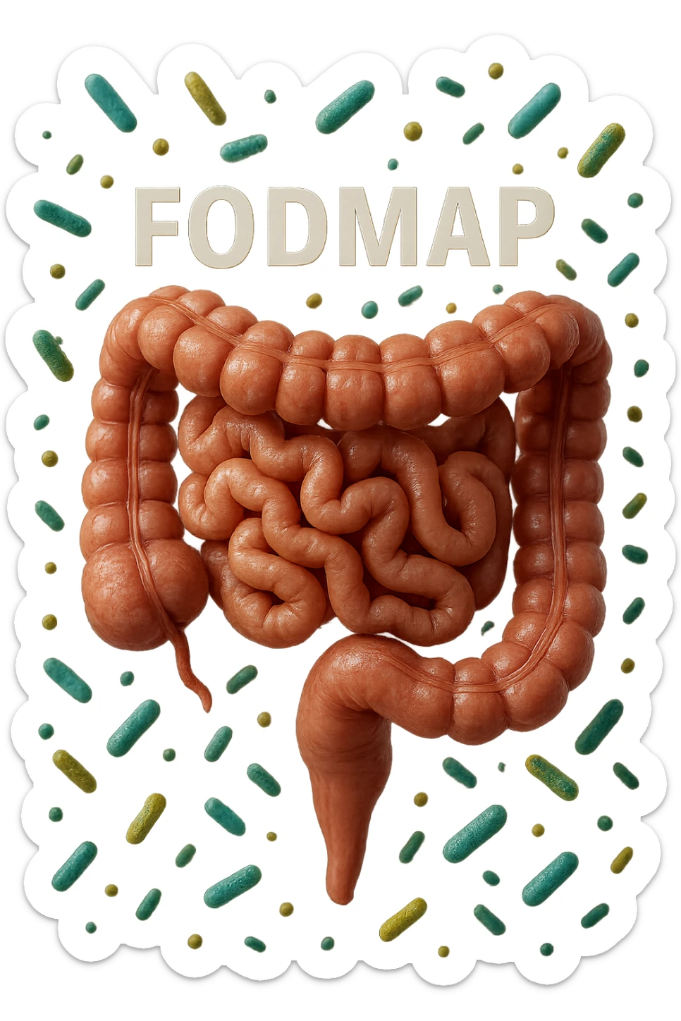 intestino umano anatomico con parole FODMAP CHE GLI FLUTTUANO INTORNO INSIEME A BATTERI INTESTINALI, iperrealistica 4k sticker
