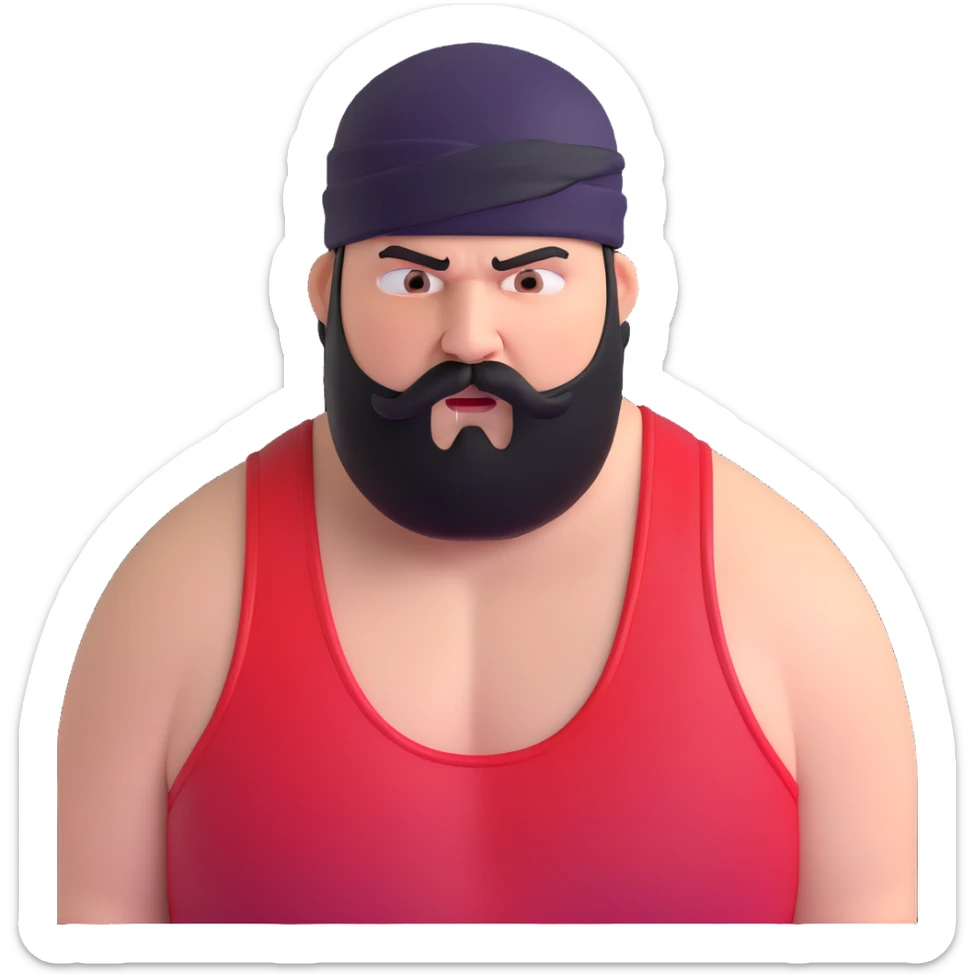 Close-up of extremely fat white skin guy with young face, prominent BLACK DURAG tied clearly on head, distinct black beard and mustache, no muscle, black eyes in a red and black wrestling singlet with angry face sticker