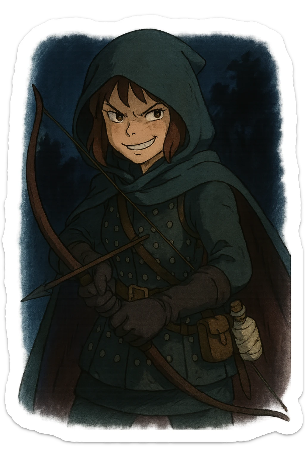 A female rouge , colored hood, wearing brigandine armor with, bow and arrow at the ready, night time shadows, tool belt with red potion and bandages, mischievous grin, anger sticker