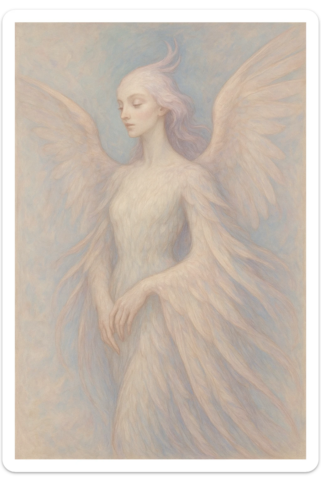 hybrid bird woman with mostly bird features, fantasy style, any bird species, soft pastel colors, graceful and ethereal, flowing feathers sticker