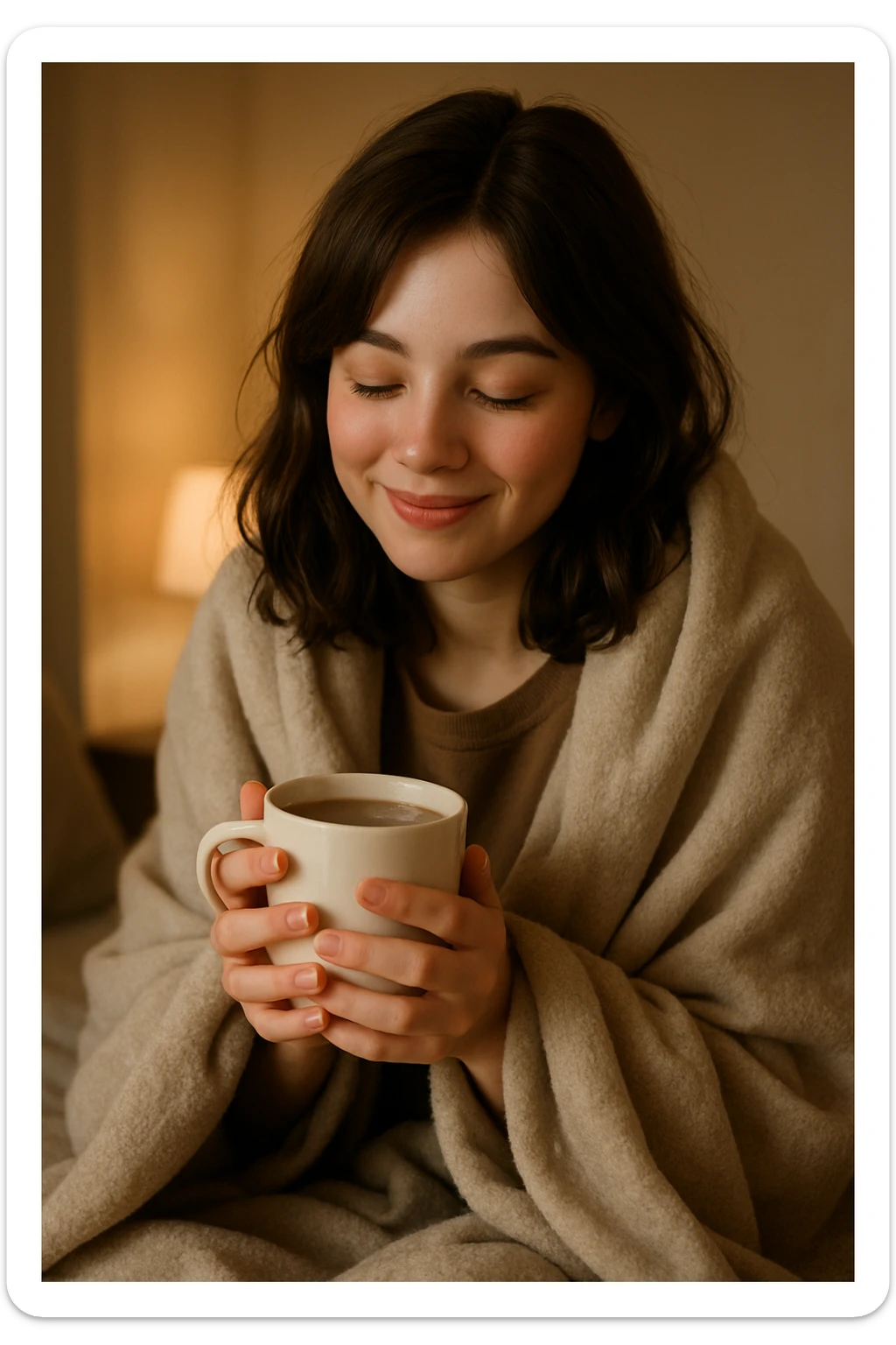 cute brunette girl wrapped in a blanket, drinking coffee, cozy and warm, soft lighting, gentle smile sticker