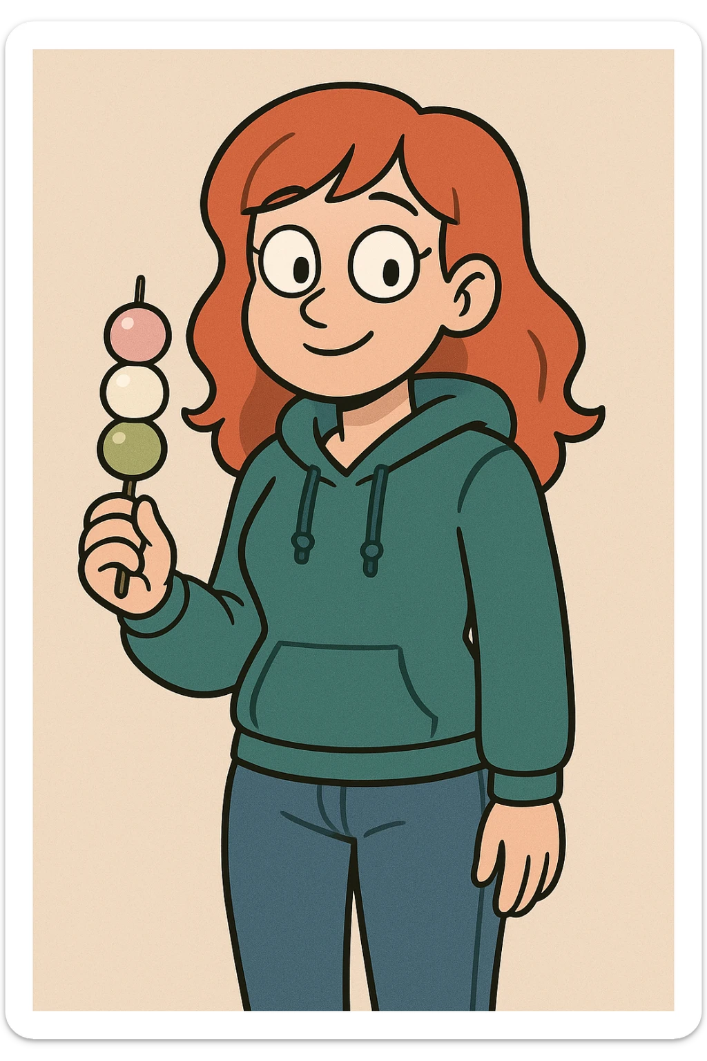 A girl red hair teal women's hoodie blue jeans Dango holding  sticker