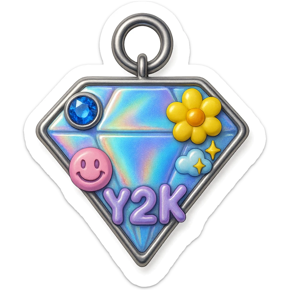 convert to a Y2K style charm: add a silver jump ring to the top for attaching to a bracelet or necklace, keep the holographic diamond, blue sapphire accent, and playful Y2K details, 3D emoji style sticker