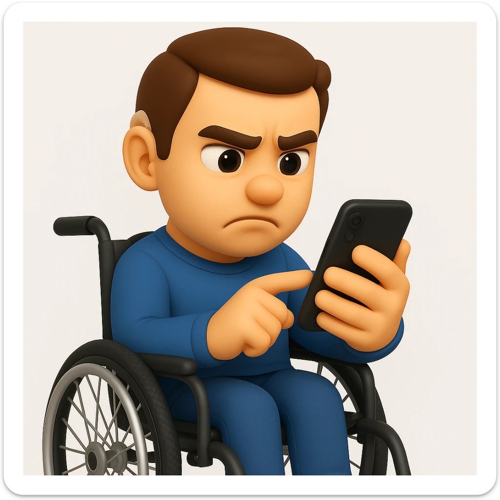 Add a modern wheelchair, keeping the man in the same 3D emoji style and pose, with the hearing aid still visible. sticker