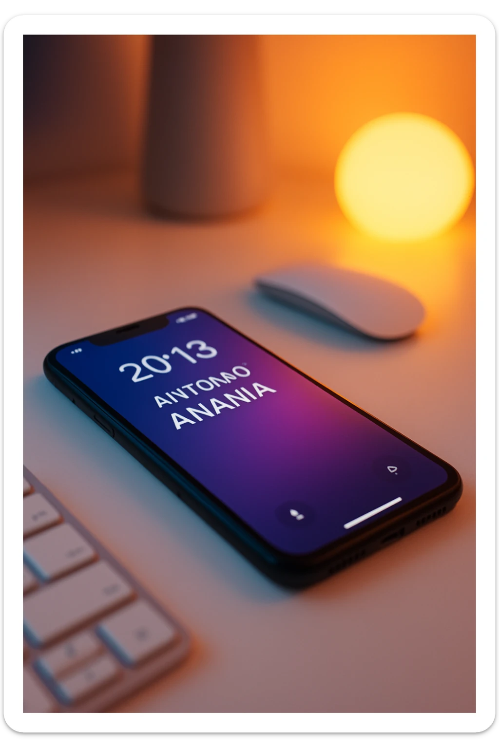 A photo of an iPhone on the desk with the message "Antonio Anania" on its screen, The phone sits atop a desk with a blurred background that suggests work environment. A faint glow from above casts gentle shadows across the surface of each object, creating depth and highlighting their textures sticker