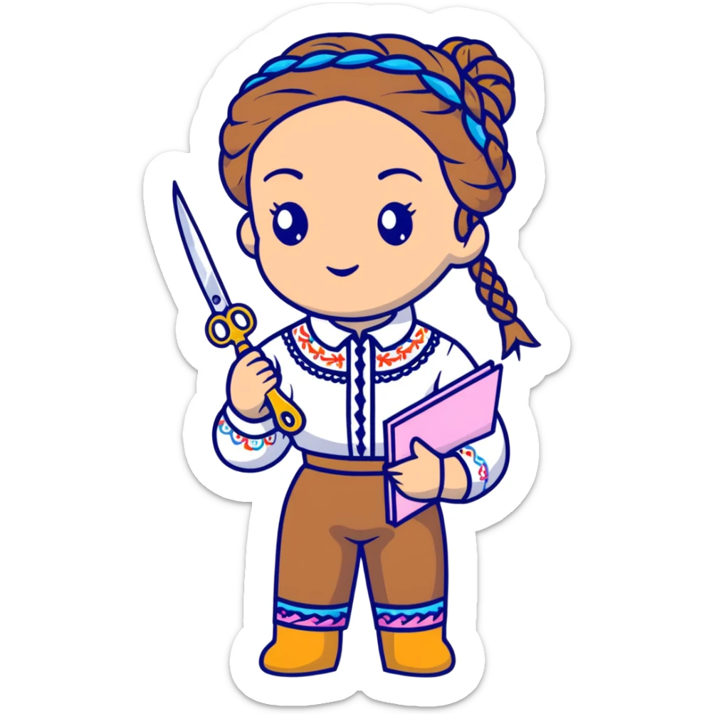 Ukrainian young girl with braided hair wearing a white embroidered traditional shirt (vyshyvanka) holding scissors and colorful craft paper sticker