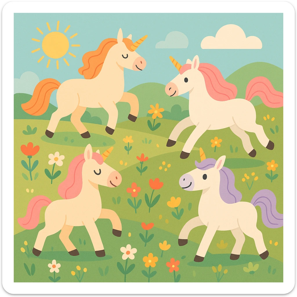 sunlit meadow with unicorns and wildflowers, pastel fantasy style sticker