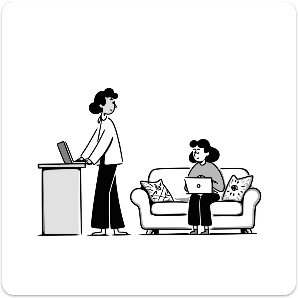 escenary 3d of a cozy mid-century living room with two people working on laptops, one man standing at a desk and one woman sitting on a couch, two walls and floor visible sticker