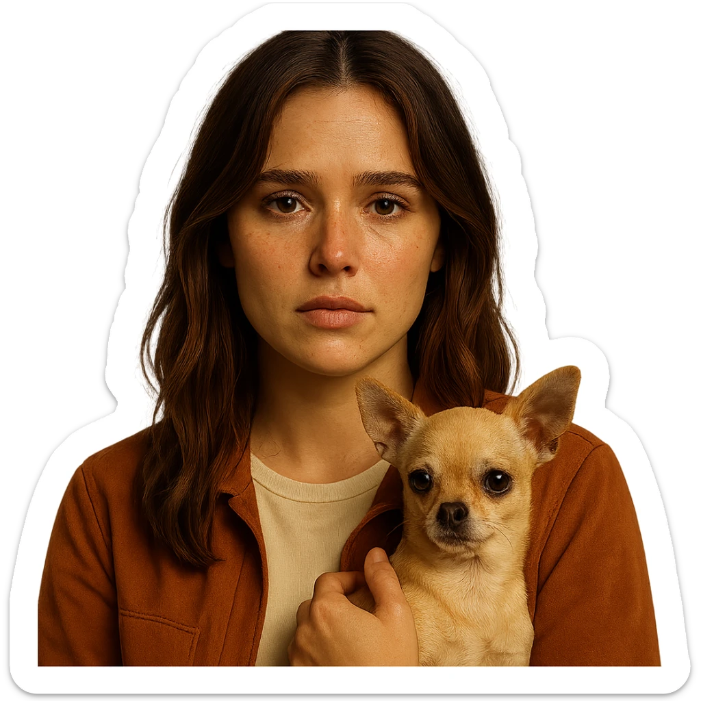 Portrait for Instagram profile inspired by the facial features visible in the reference images, with a tanned complexion, subtle freckles, wearing a shirt colored #FFF8CA and a rust-colored jacket, mid-length brown hair with auburn highlights, a melancholic and vulnerable expression, holding a beige-brown chihuahua, in the style of a Netflix series, transparent background, intimate Tenerife ambiance. sticker