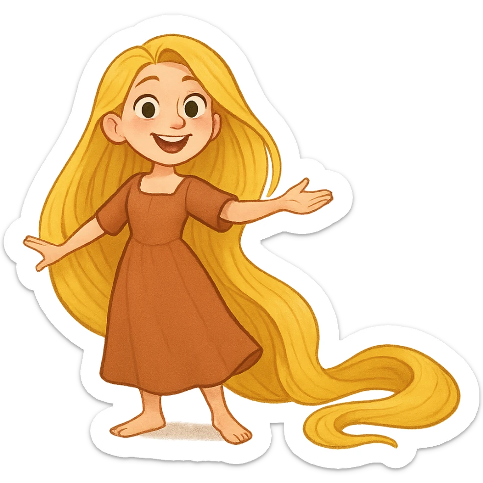 a girl with very long golden hair inspired by Rapunzel, wearing a simple dress, cheerful expression sticker