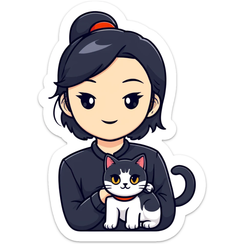 Young woman in black clothes with a Chinese domestic cat sticker