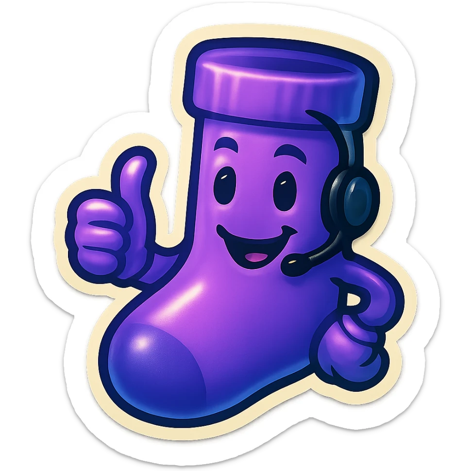 A purple sock with a happy face, wearing a headset, giving a thumbs up, representing a positive or supportive reaction. sticker