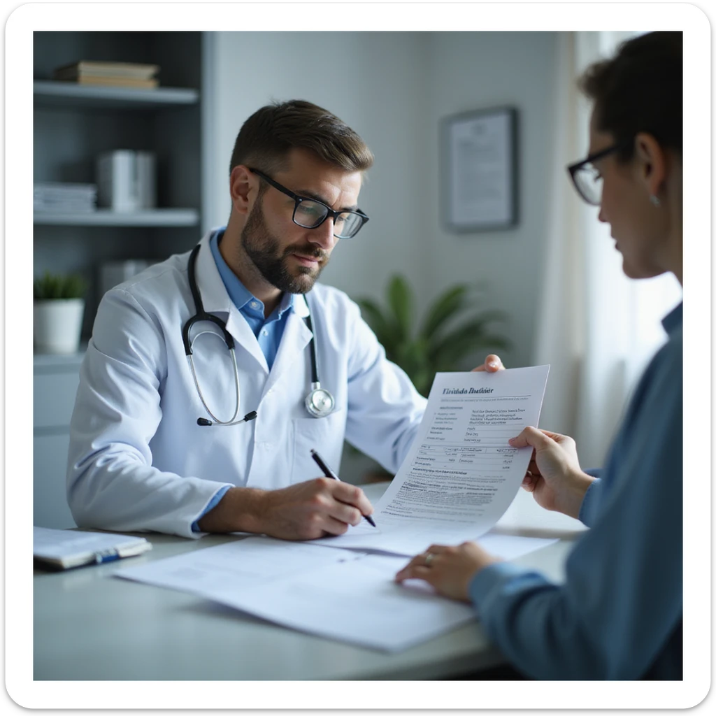 hyperrealistic 4K image of a doctor filling out a prescription on letterhead, writing 'Tiroide secca di maiale', patient watching attentively, clinical office environment sticker