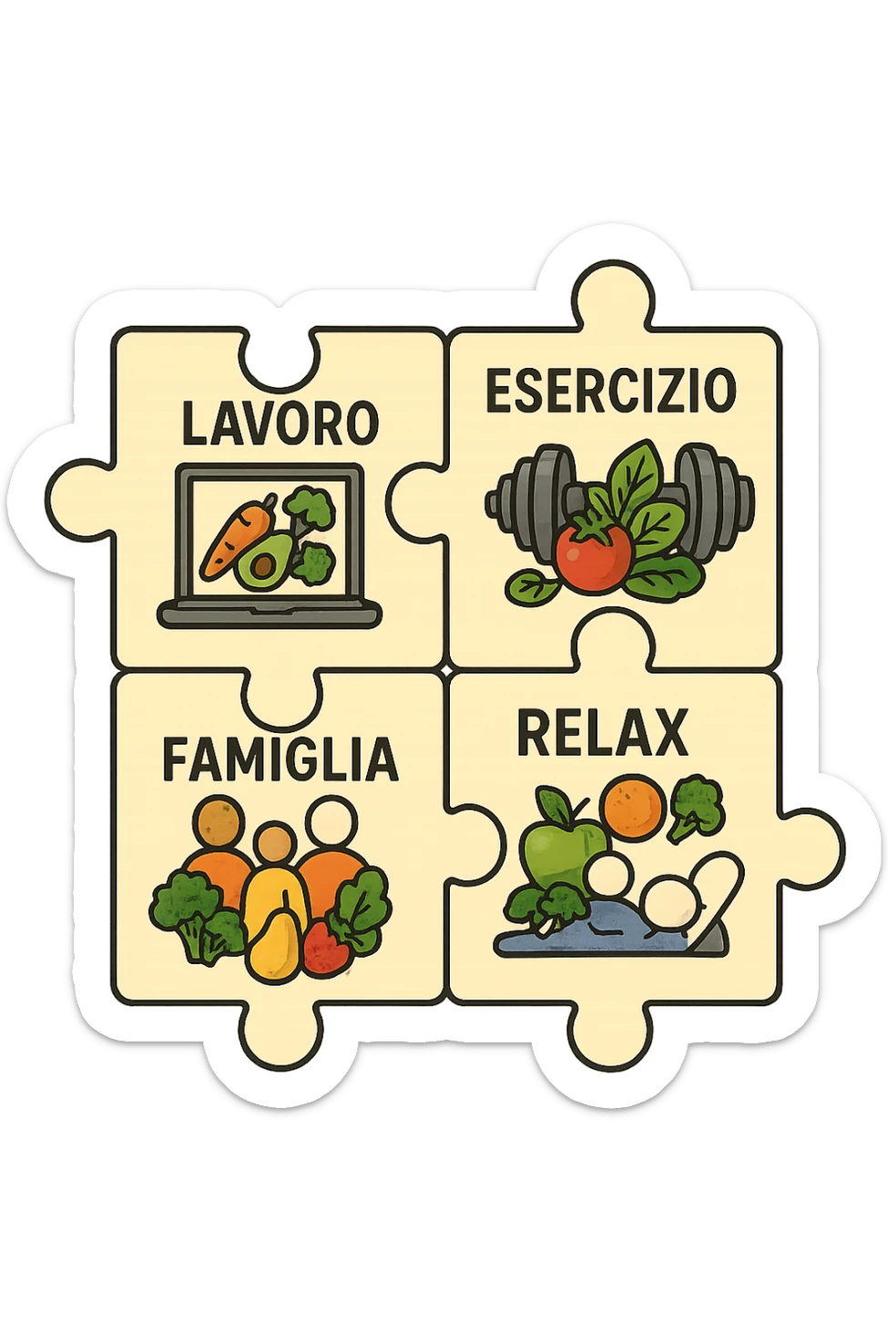 Puzzle (Lavoro, Esercizio, Famiglia, Relax), in lavoro metti icona di un PC, in Esercizio un Manubrio, in Famiglia una famiglia, in Relax qualcuno che riposa and healthy foods are integrated into each piece. in italiano sticker