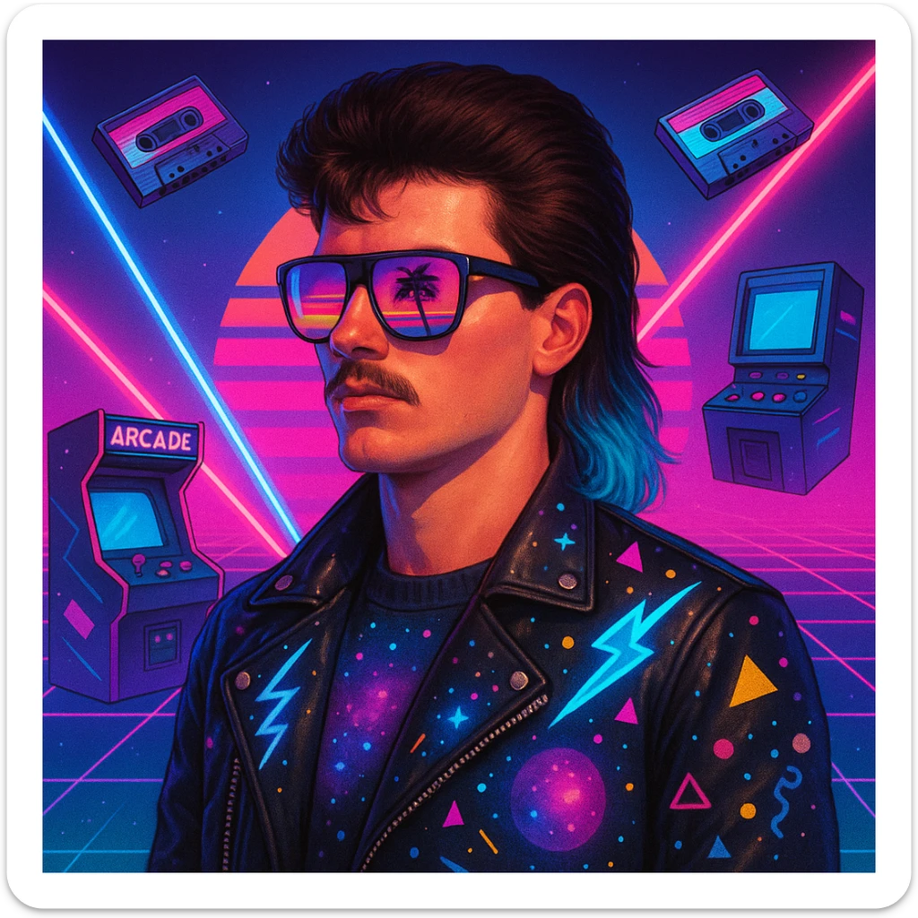 retro-futuristic 80s man with mullet hairstyle with neon blue ends, airbrushed sunglasses with pink to violet gradient and palm/sunset reflection, leather jacket with lightning, cosmic, and Memphis Design elements, neon gradient background with perspective grid, laser beams, cassettes, arcade games, Commodore 64, electric blue, fuchsia, turquoise, ultraviolet colors sticker
