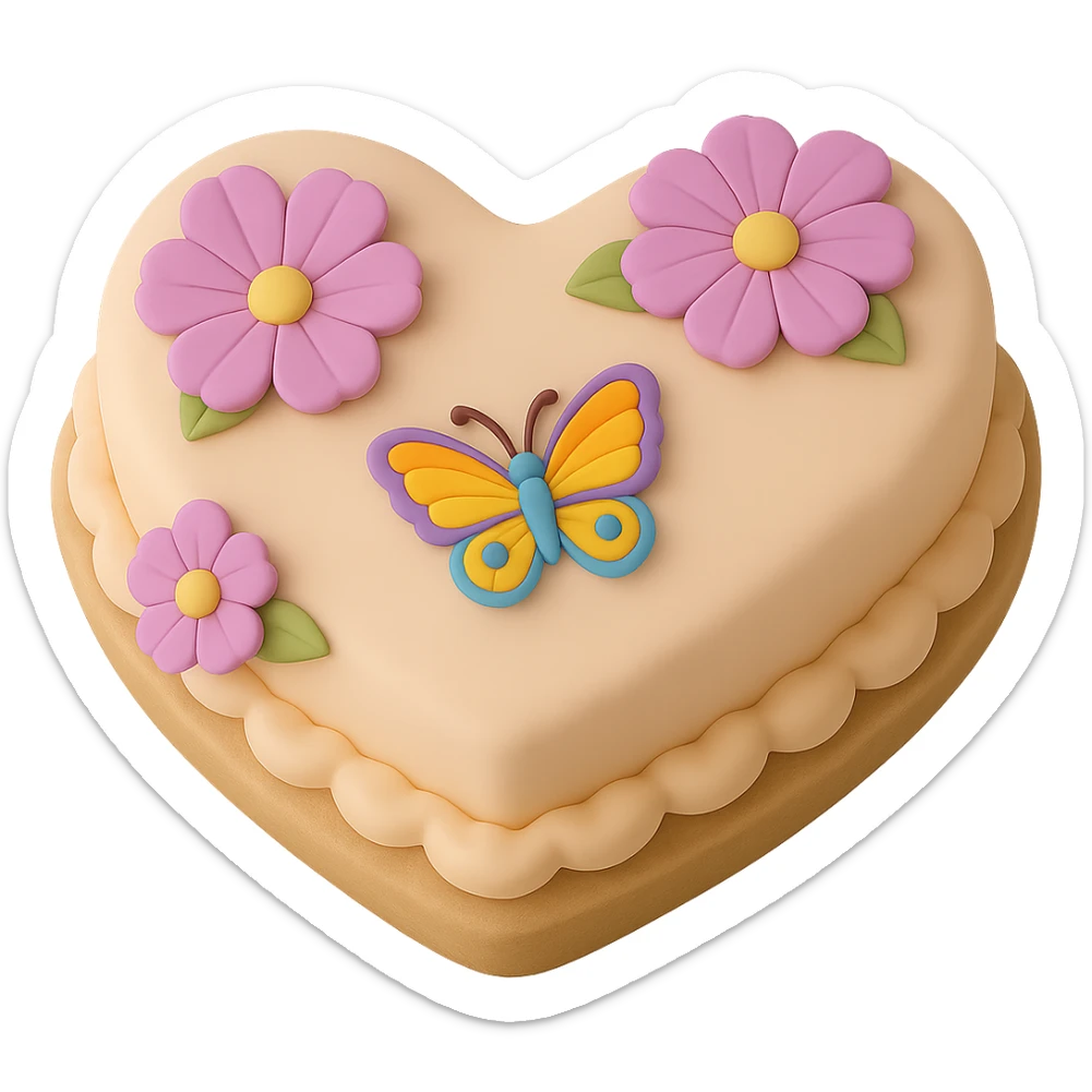 Make the butterfly smaller on the heart-shaped fondant cake with purple flowers, fondant cake art style, keep transparent background. sticker