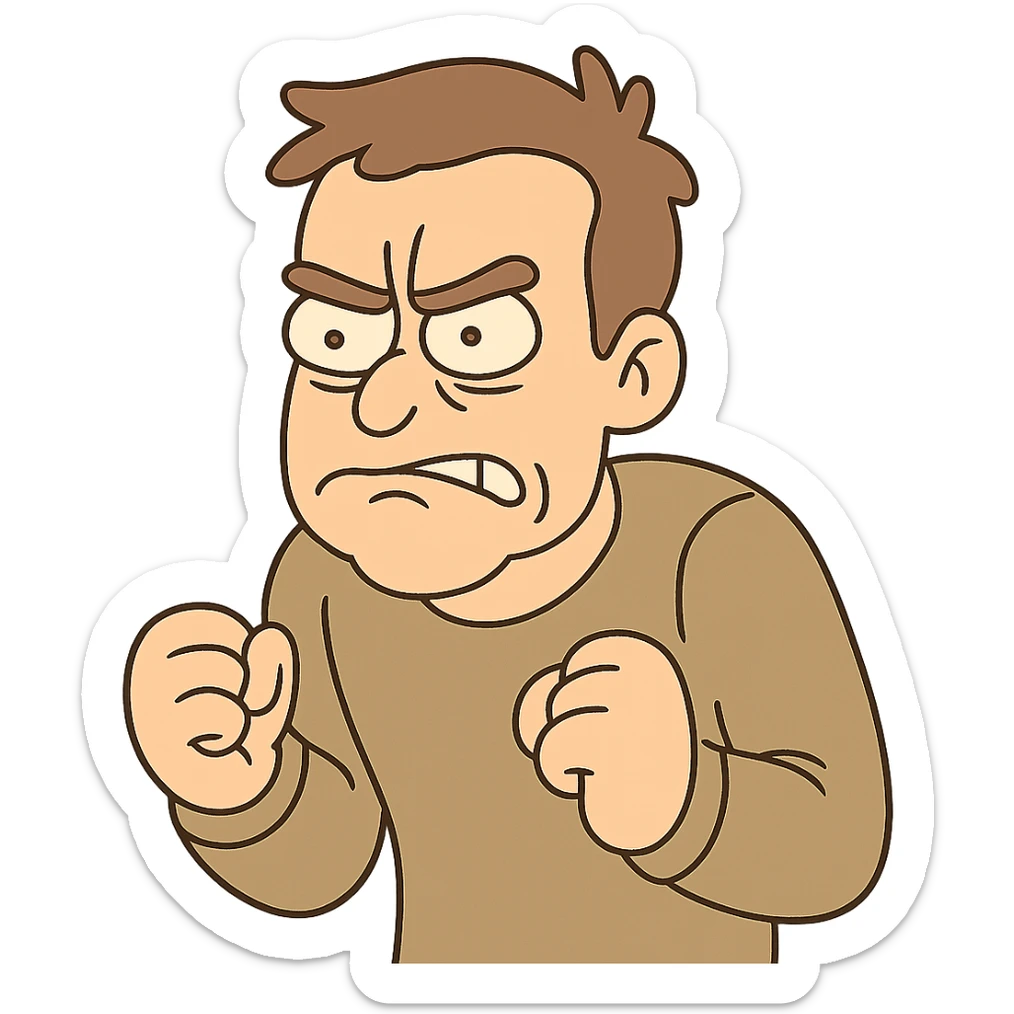 a person with a furrowed brow and clenched fists, stressed, cartoon style sticker