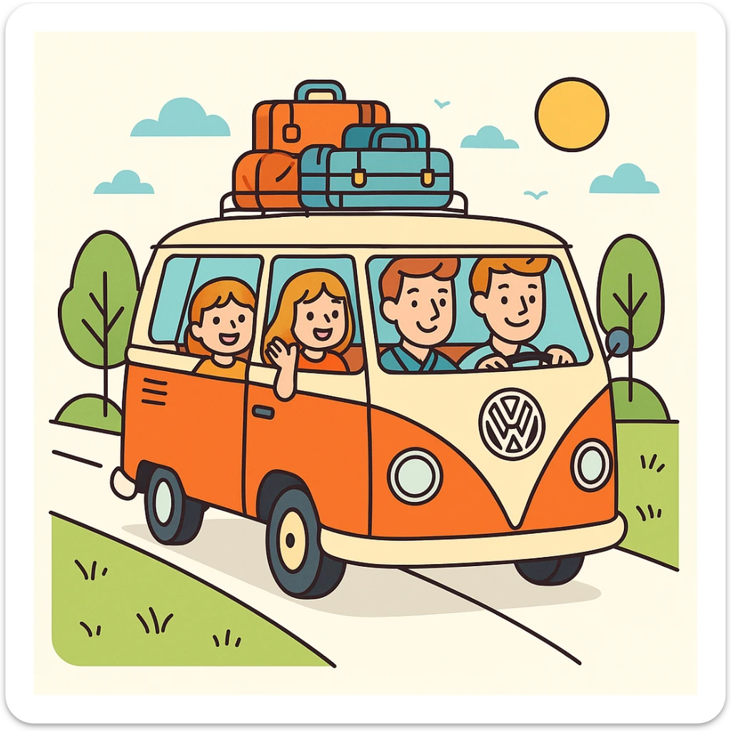 color vector art with thin outline of family on road trip with volkwagon van  sticker