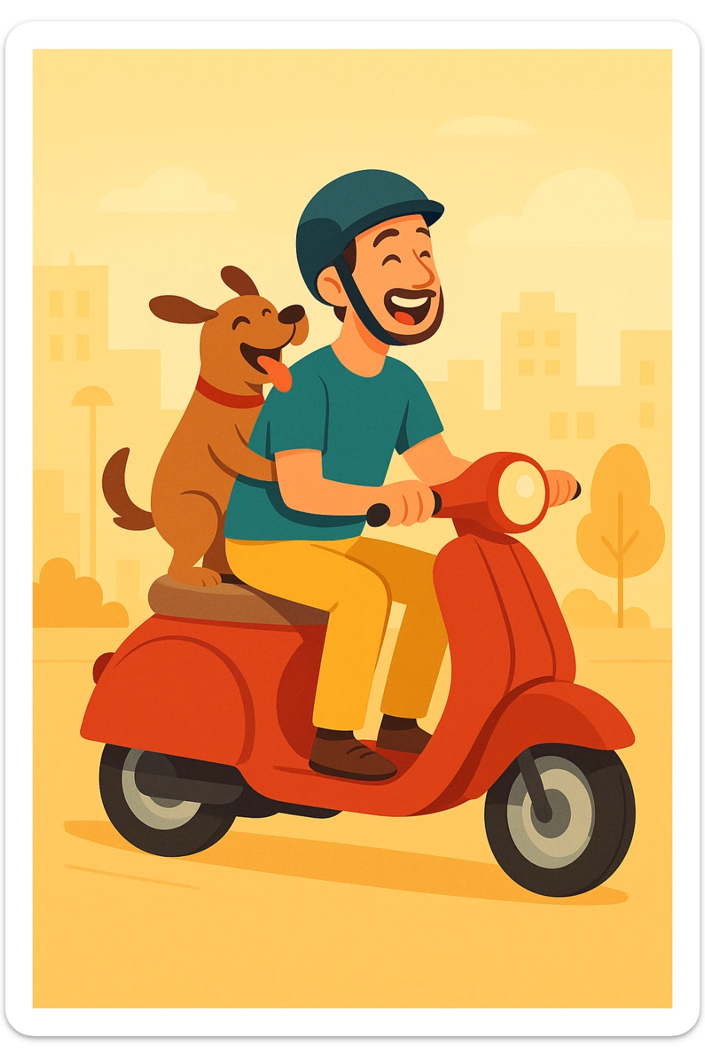 vector art of a man and his pet dog riding a vespa, for website design sticker