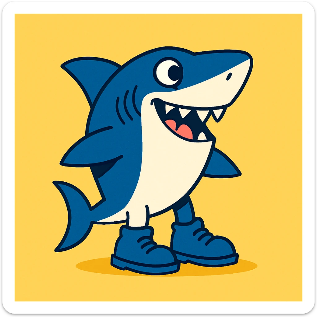 funny illustration of a shark wearing blue shoes, simple background sticker