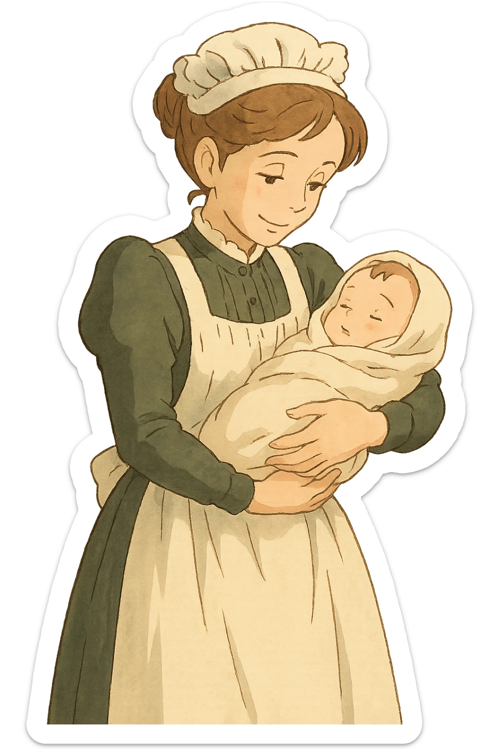 victorian midwife holding a baby with background sticker