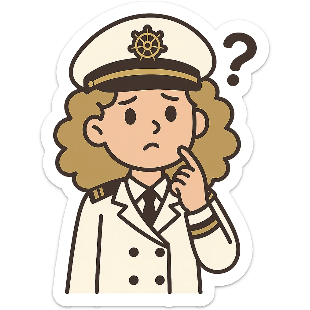 flat toon style girl with curly dirty blonde hair, cruise captain, questioning look sticker