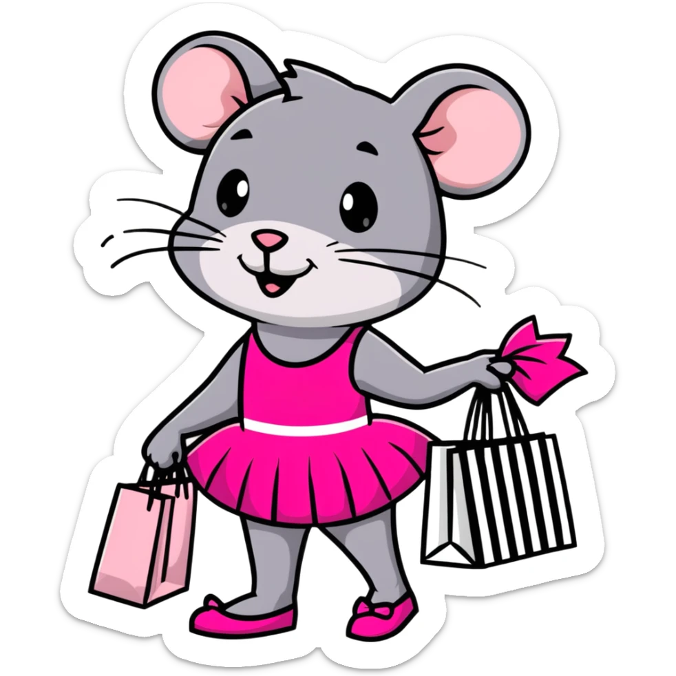 rat with a pink dress and tutu holding a black and white striped shopping bag sticker