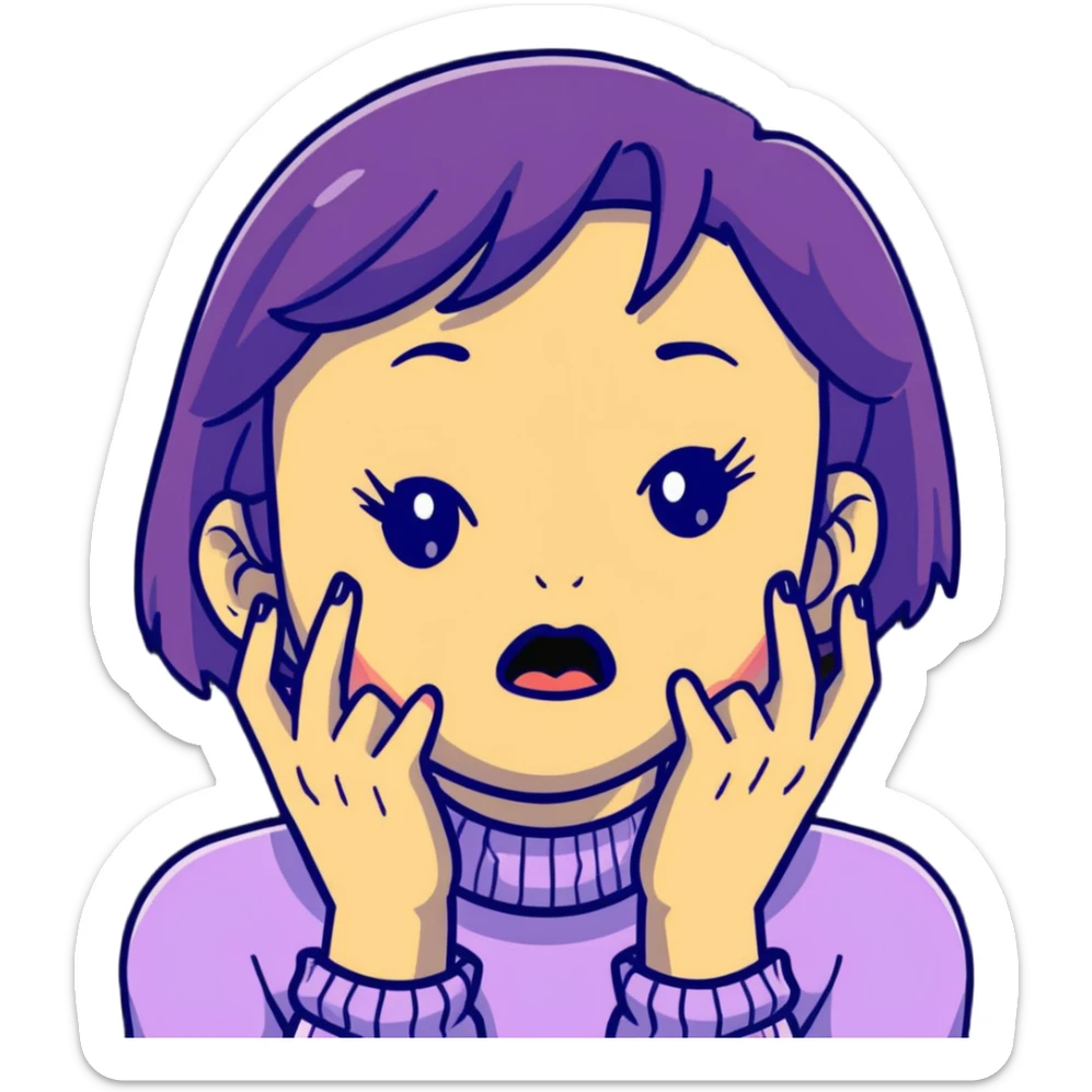 cartoon style girl showing emotional distress, hands at her throat, exaggerated facial features sticker