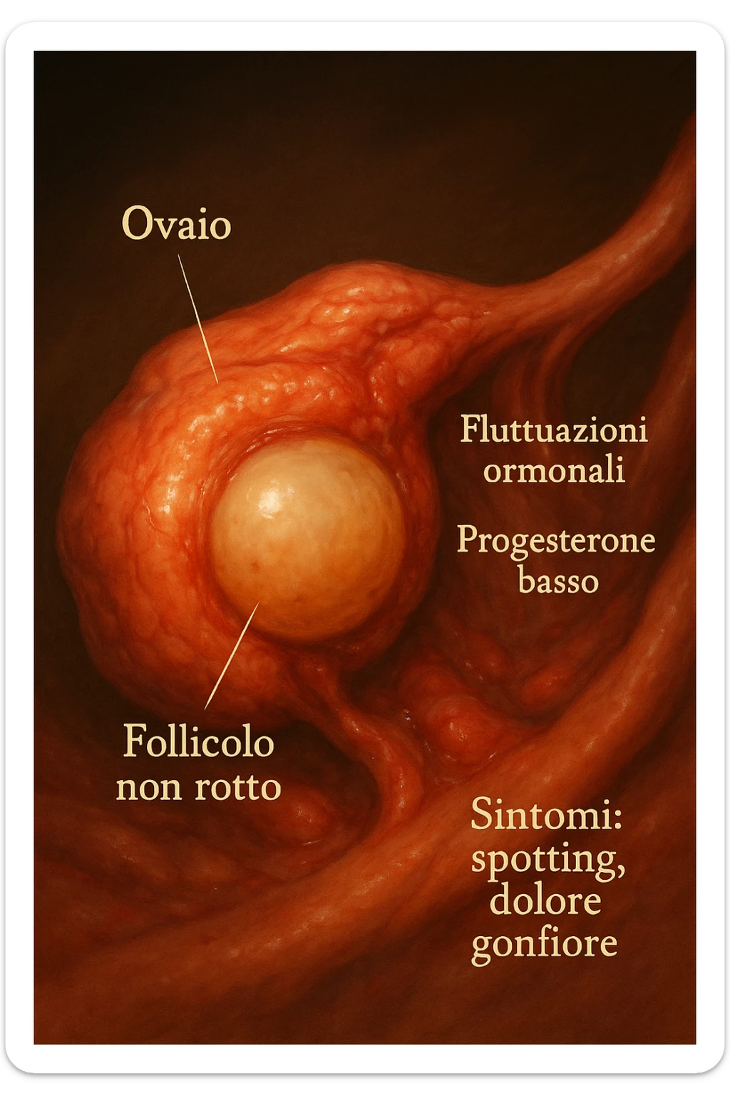 realistic and cinematic illustration of an ovary with an unruptured follicle, low progesterone, hormonal fluctuations, symptoms of spotting, pain and swelling, clinical details, captions in Italian sticker
