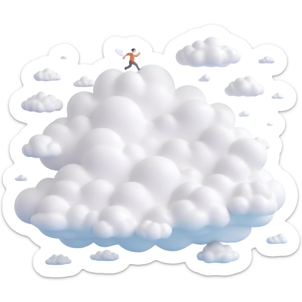flying person composed of very white fluffy clouds, convex shapes, minimalist, no background sticker