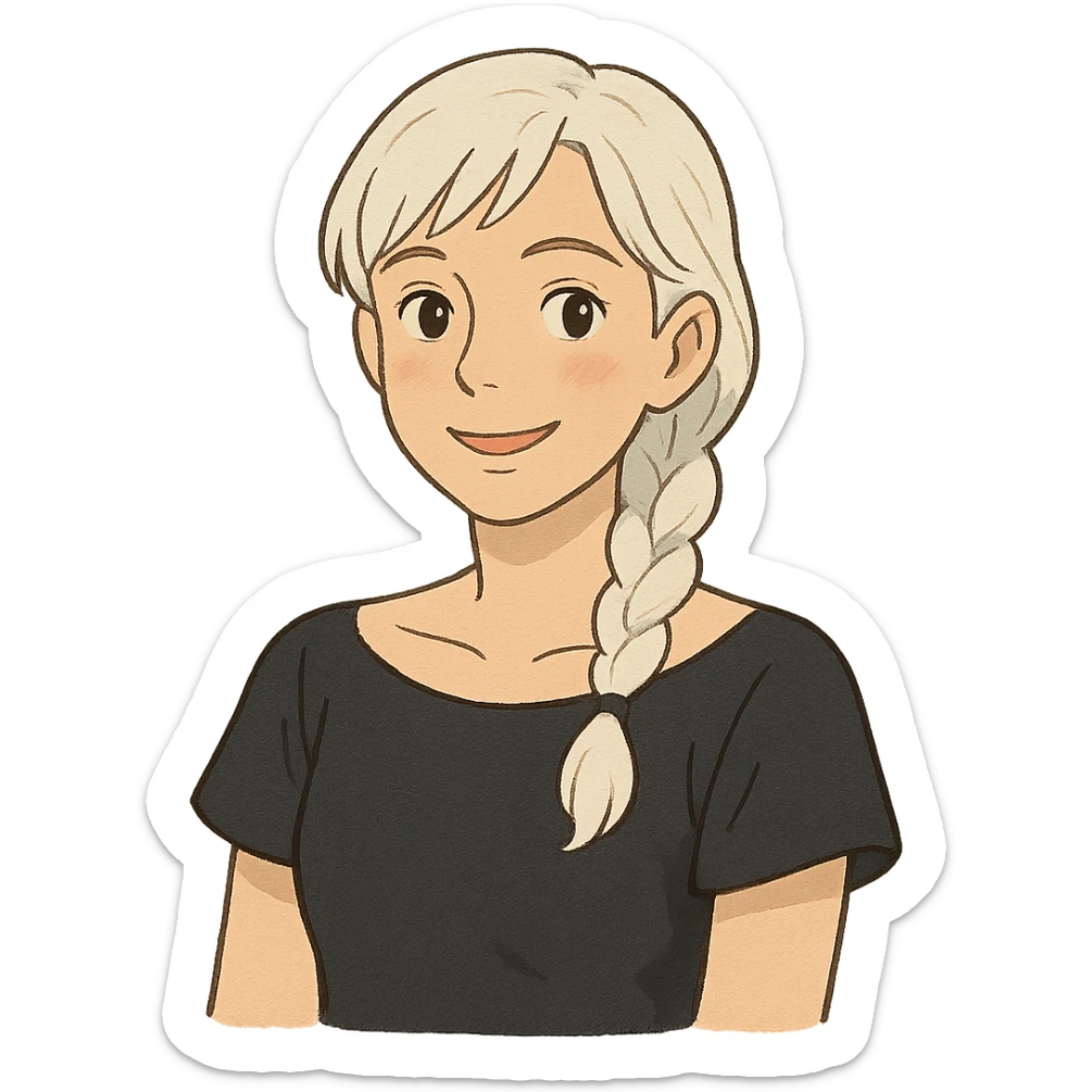 young female counselor, white hair in braid, black off-shoulder top, warm and approachable, ghibli style sticker