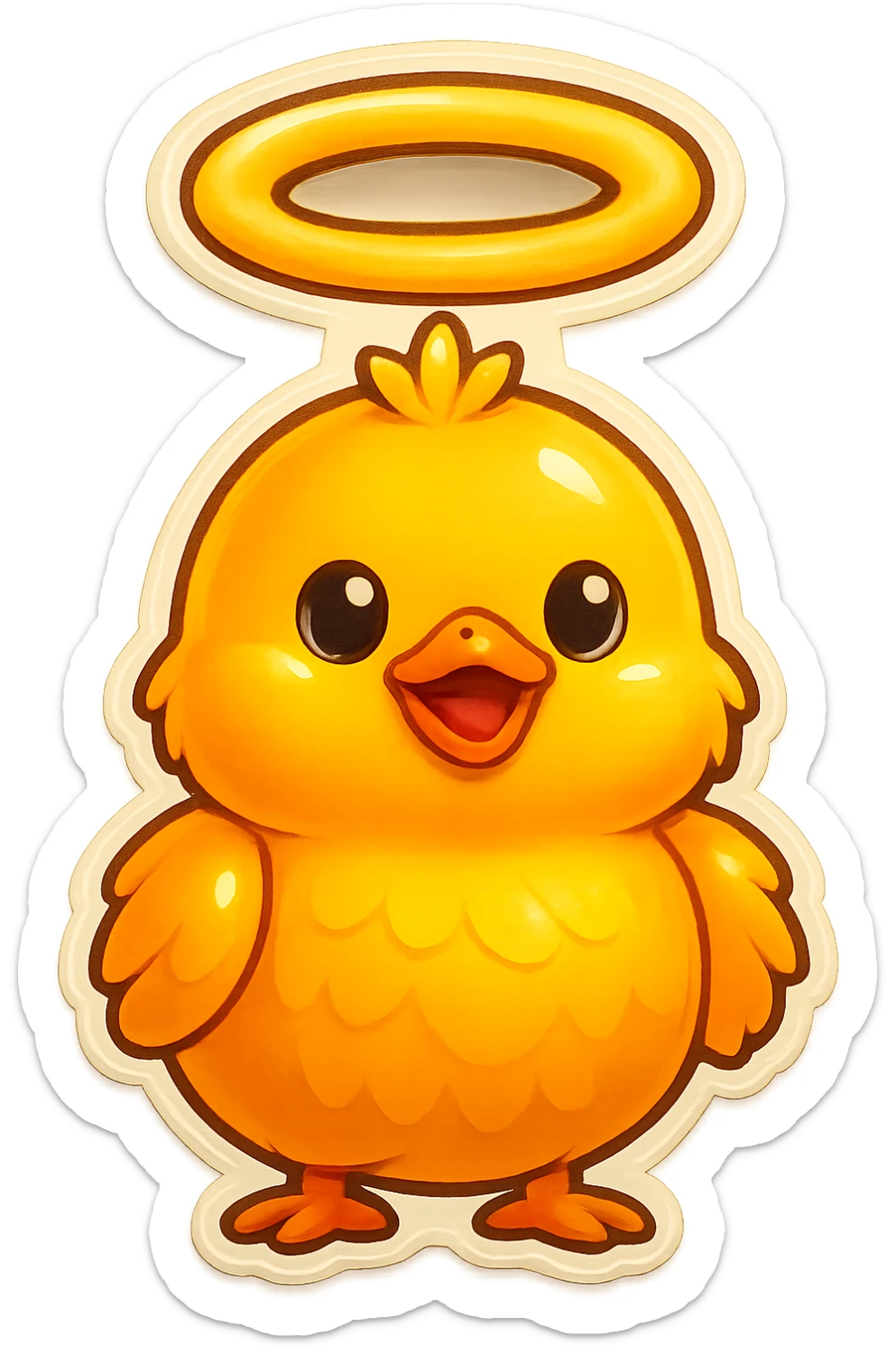 Make the halo much bigger and floating high above the baby chick's head, like a saint, keep the style and transparent background. sticker