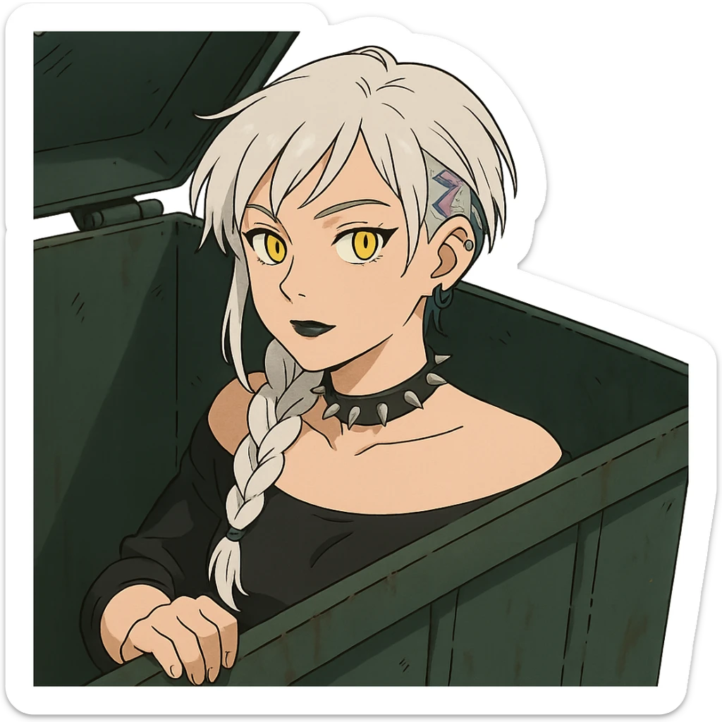 she is poking out from a garbage dumpster, a closeup portrait of young woman with gold yellow eyes, white hair, long braid, black off-shoulder top d-cup, punk gothic style, futuristic cyberwave cyberpunk, sticker
