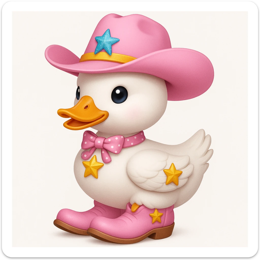 A white duck wearing a pink cowboy hat with a pink bow around its neck and pink cowboy boots with yellow stars, in ios 3d style. sticker
