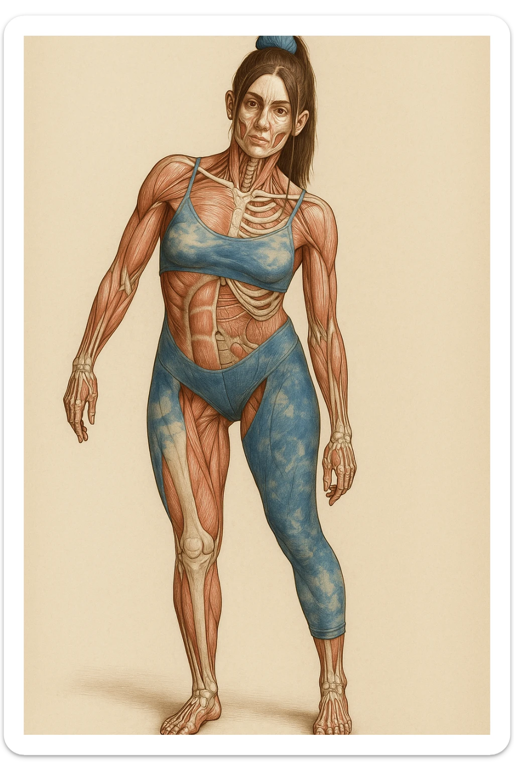 Donna in abbigliamento sportivo, postura asimmetrica, stile medico realistico, muscoli e ossa visibili, evidenzia la compressione delle coste sul lato corto, sfondo neutro, formato verticale. sticker